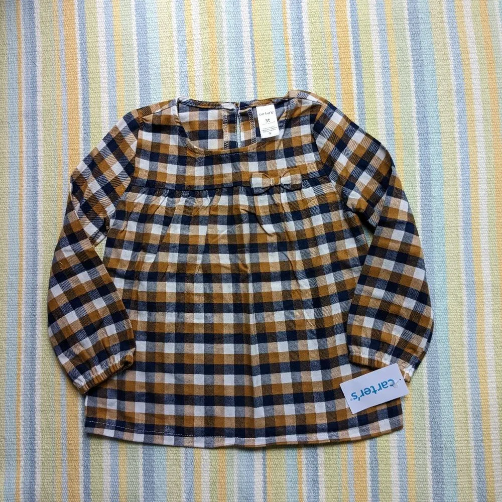 ⭐ NEW NWT Carter's navy/gold/white plaid flannel top 3T